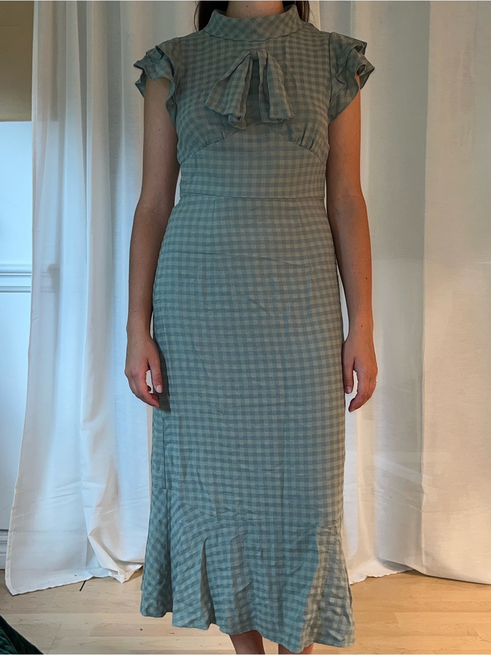 High-Neck Gingham Midi Dress in Sage Green